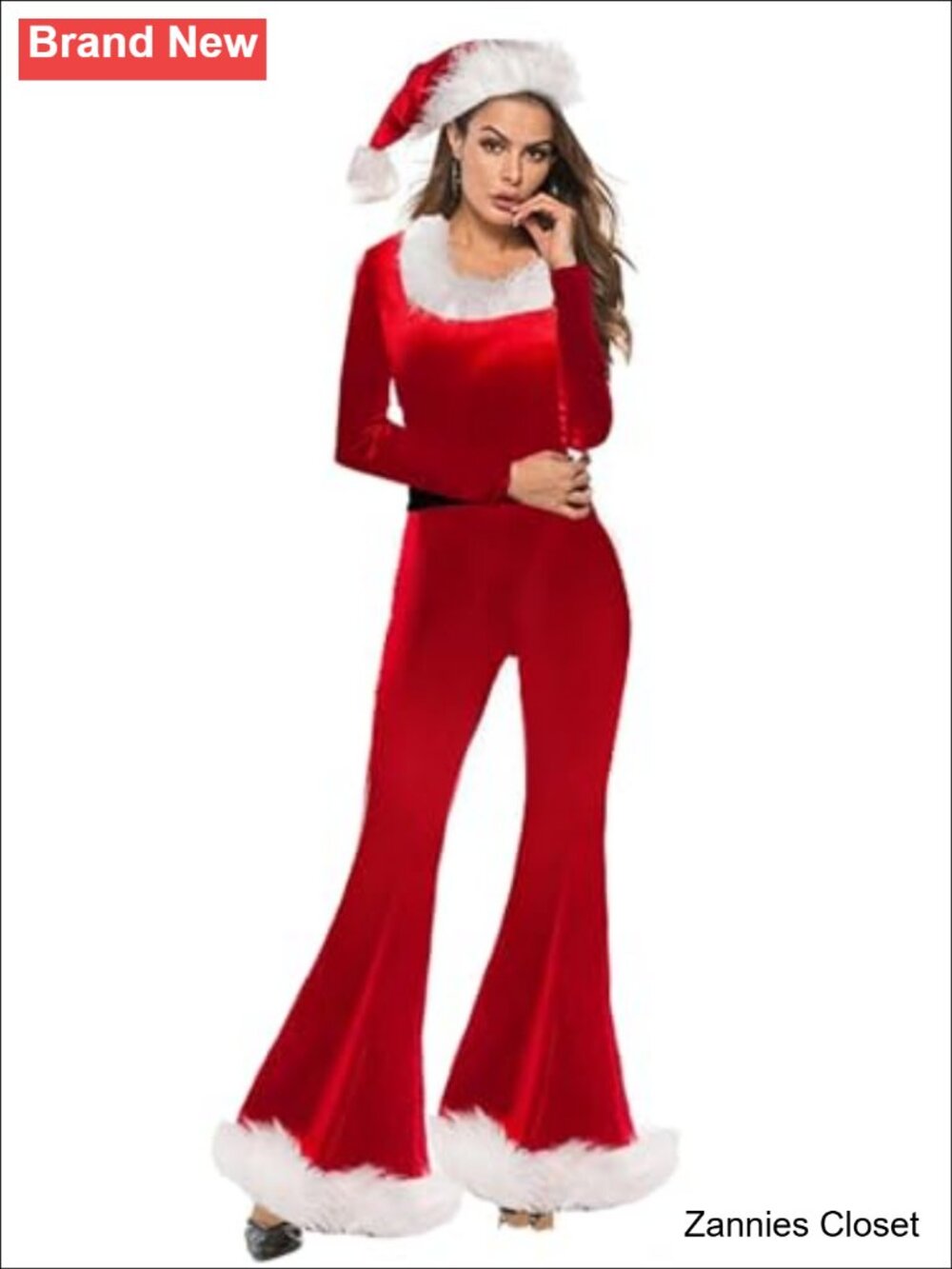 ✨ Women Christmas Santa Claus Velvet Long Sleeve Jumpsuit with Hat Belt